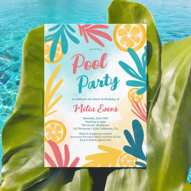 Helles, kaltes tropisches Strandbad Party Sweet 16 Einladung (Bright bold Tropical beach pool party Sweet 16 Invitation)