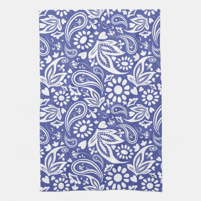 Helles klassisches Blau- und Weißpaisley-Design Geschirrtuch (Vertikal)