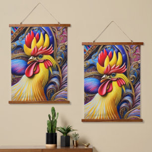 Helles, lebendiges Rooster Wandteppich Mit Holzrahmen