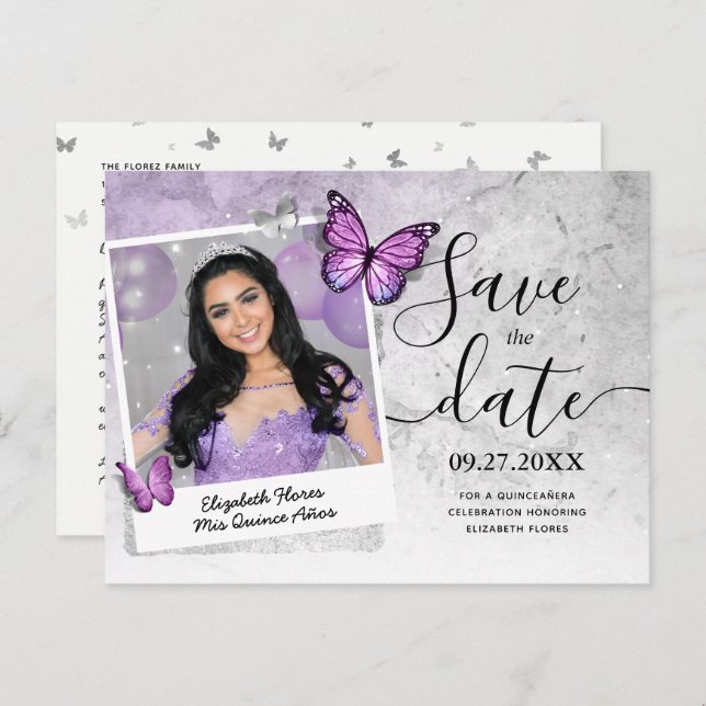 Helles Lila SchmetterlingsFoto Save the Date Ankündigungspostkarte (Vorne/Hinten)