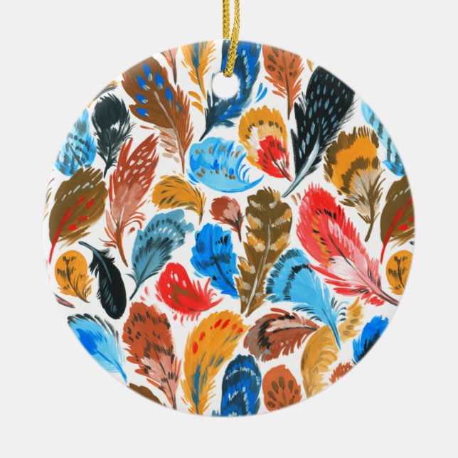 Helles Muster mit Vogelfedern Keramik Ornament (Vorne)