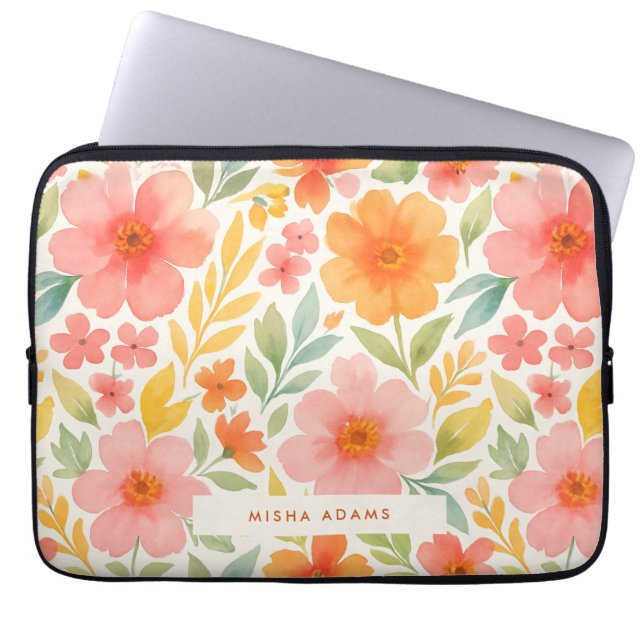 Helles Muster Rosa Orange Aquarell Blumenmuster  Laptopschutzhülle (Vorderseite)