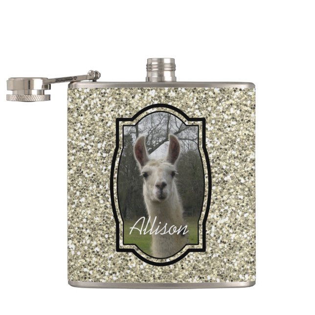 Helles n-Funkelnlama im Gold Champagne Flachmann (Geöffnet)