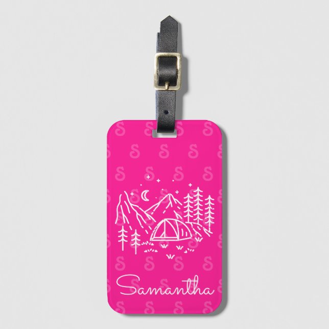 Helles Neon Pink Fett Camping Trip Monogramm Gepäckanhänger (Vorderseite Vertikal)