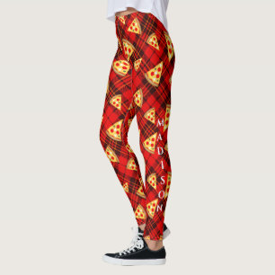 Helles Red Christmas tartan Pizza Muster w Text Leggings
