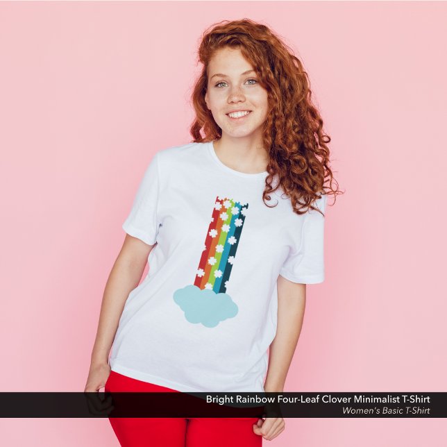 Helles Regenbogen Vier-Leaf Klee Minimalistisch T-Shirt (St. Patrick's Day T-Shirt with a Minimalist Rainbow and Four-Leaf Clover Design.)