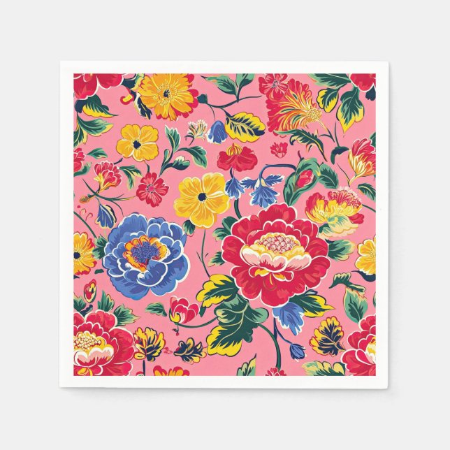 Helles Rosa Chinoiserie-Blumenmuster Serviette (Vorderseite)