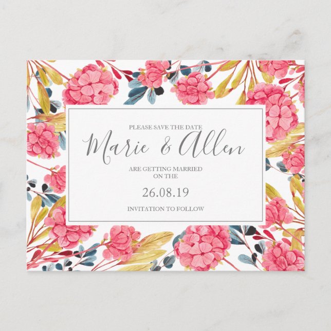 Helles Rosa Florals Save the Date Postkarte (Vorderseite)