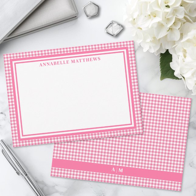 Helles Rosa-Gingham-Karo personalisiert Mitteilungskarte (Bright Pink Gingham Plaid Personalized Note Card)