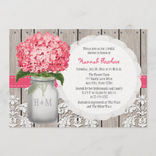 Helles rosa Hydrangea-Maurer-Glas-Brautparty Einladung