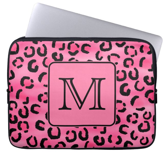 Helles rosa Leopard-Druck-Gewohnheits-Monogramm Laptopschutzhülle (Vorderseite)