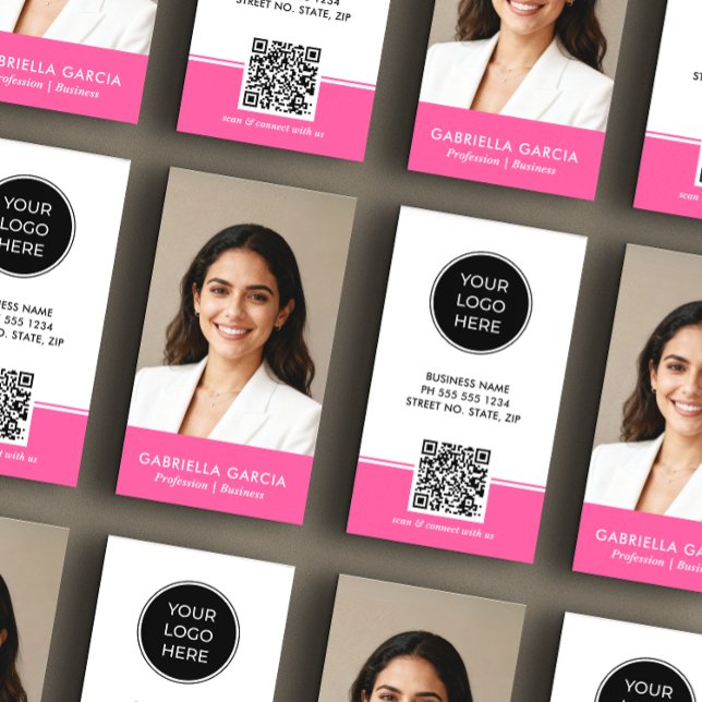 Helles Rosa Logo QR-Code Foto Professional Visitenkarte (Image shows standard size business card, choose size and paper type.)