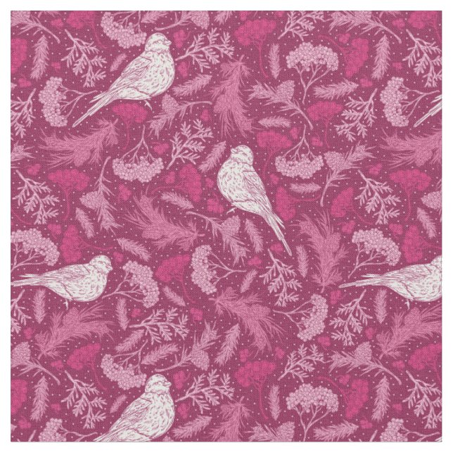 Helles rosa Mauve Winter White Bird Blumenmuster Stoff (Nahaufnahme)