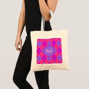 Helles Rosa und Blau Argyle-Muster Monogramm Tragetasche