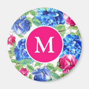 Helles Rosa und Blau Florales Hübsches Monogramm Magnet
