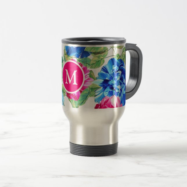 Helles Rosa und Blau Florales Hübsches Monogramm Reisebecher (VorderseiteRechts)