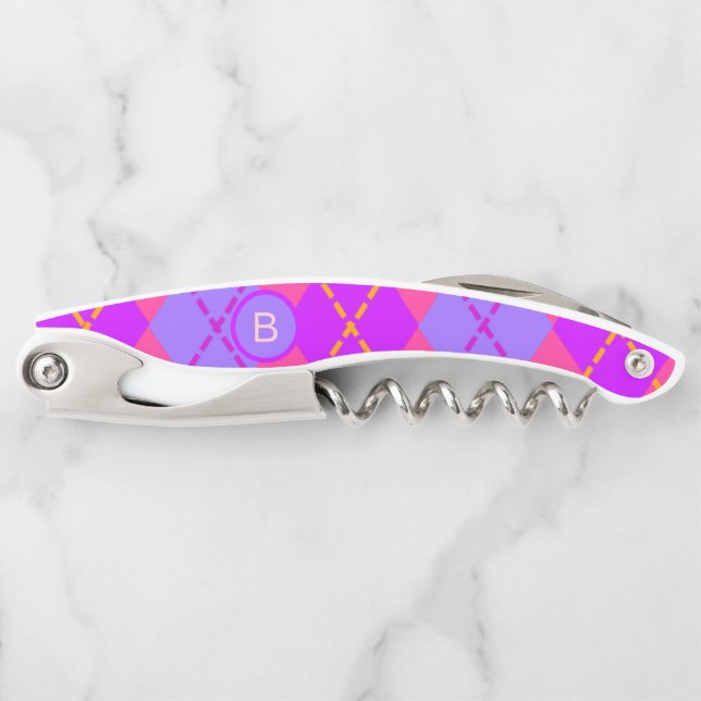 Helles rosa und blaues Argyle-Muster-Monogramm Kellnermesser (Vorderseite)