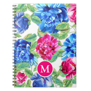 Helles Rosa und Blaues Blumen Schön Monogrammiert Notizblock