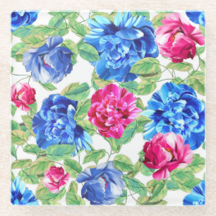 Helles Rosa und Blaues Florales Schönes Muster Glasuntersetzer