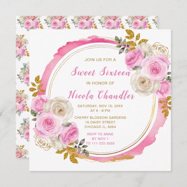 Helles Rosa und Gold Elegante Blume 16 . Geburtsta Einladung (Vorne/Hinten)