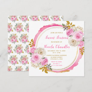 Helles Rosa und Gold Elegante Blume 16 . Geburtsta Einladung