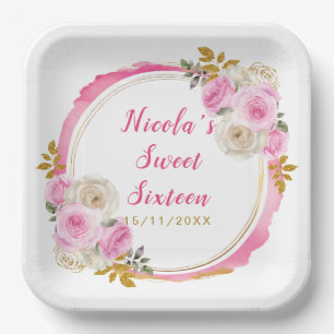 Helles Rosa und Gold Elegante Blume 16 . Geburtsta Pappteller