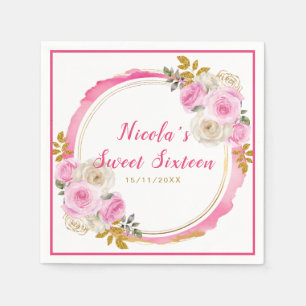 Helles Rosa und Gold Elegante Blume 16 . Geburtsta Serviette