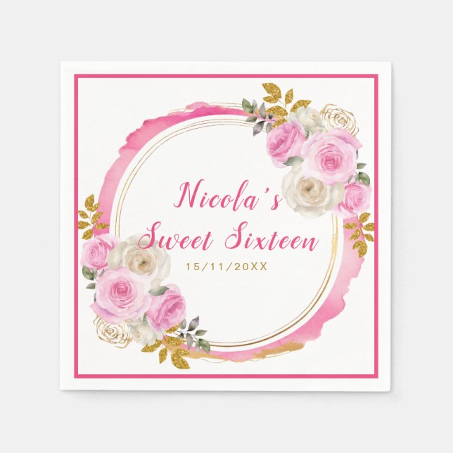 Helles Rosa und Gold Elegante Blume 16 . Geburtsta Serviette (Vorderseite)