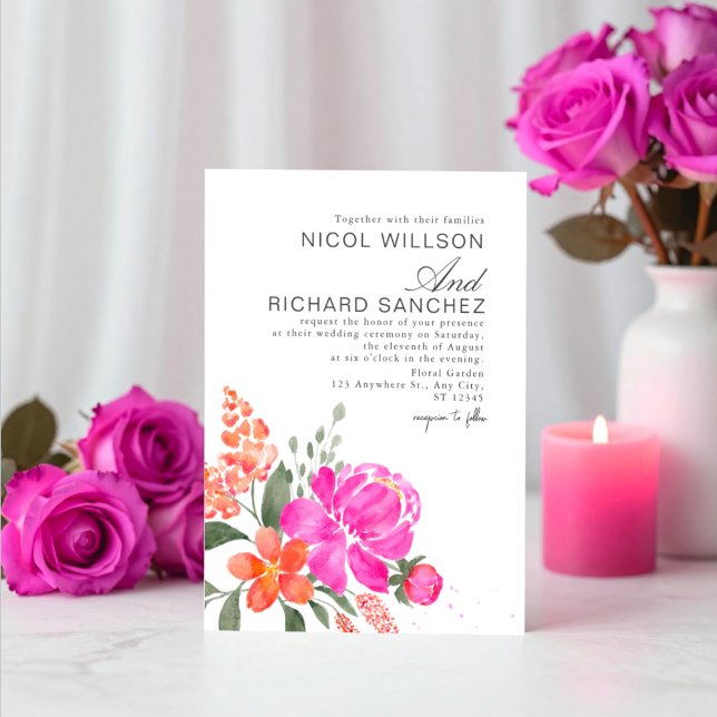 Helles Rosa und Orange Florale Hochzeit  Einladung (Von Creator hochgeladen)