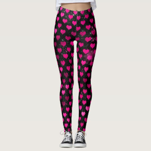 Helles rosa und schwarzes Glam Herz Muster Leggings