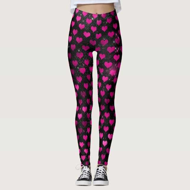 Helles rosa und schwarzes Glam Herz Muster Leggings (Vorderseite)