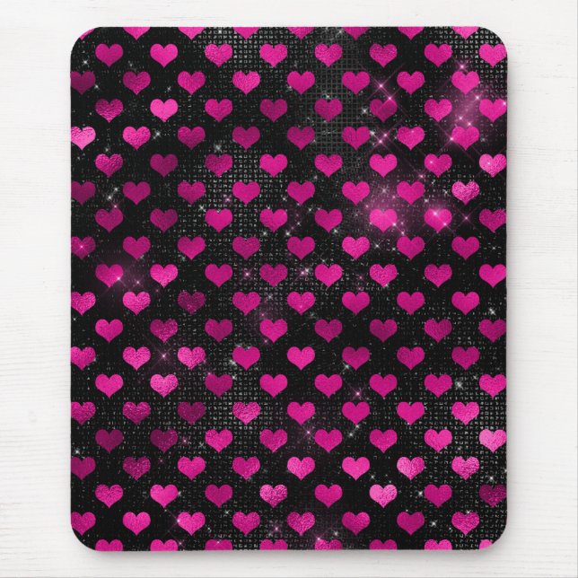 Helles rosa und schwarzes Glam Herz Muster Mousepad (Vorne)