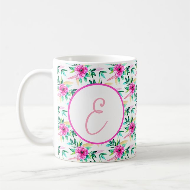 Helles rosa Wasserfarbe Blumenmuster-Monogramm Kaffeetasse (Links)