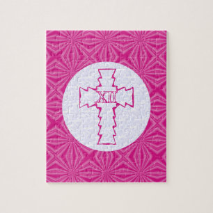 Helles Rosa Zick-Zack-Kreuz auf Weiß und Hot Pink Puzzle