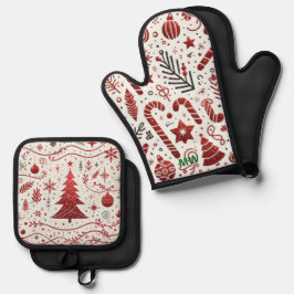 Helles Rot-Grün-Weihnachtsmuster Ofenhandschuh & Topflappen-Set