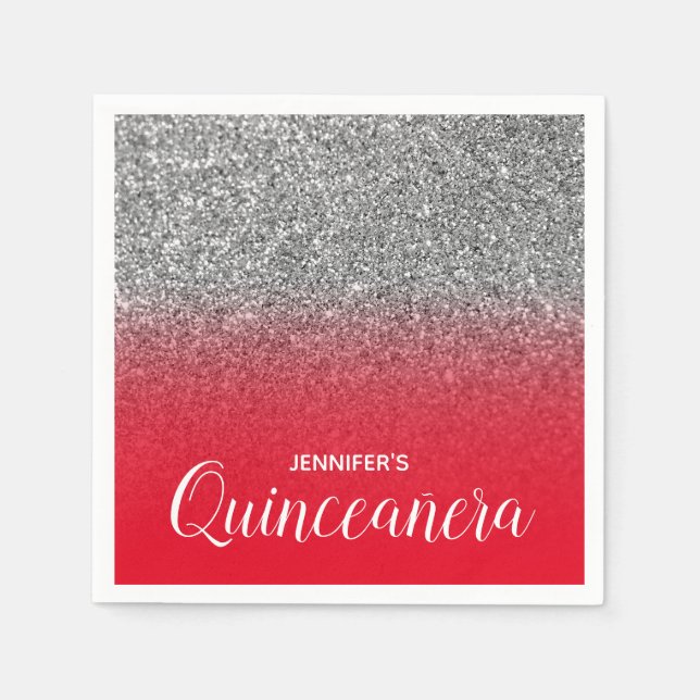 Helles Rot und Silber Glitzer Ombre Quinceanera Serviette (Vorderseite)