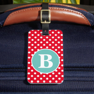 Helles Rot und Weiß mit Punkten und Teal-Monogramm Gepäckanhänger