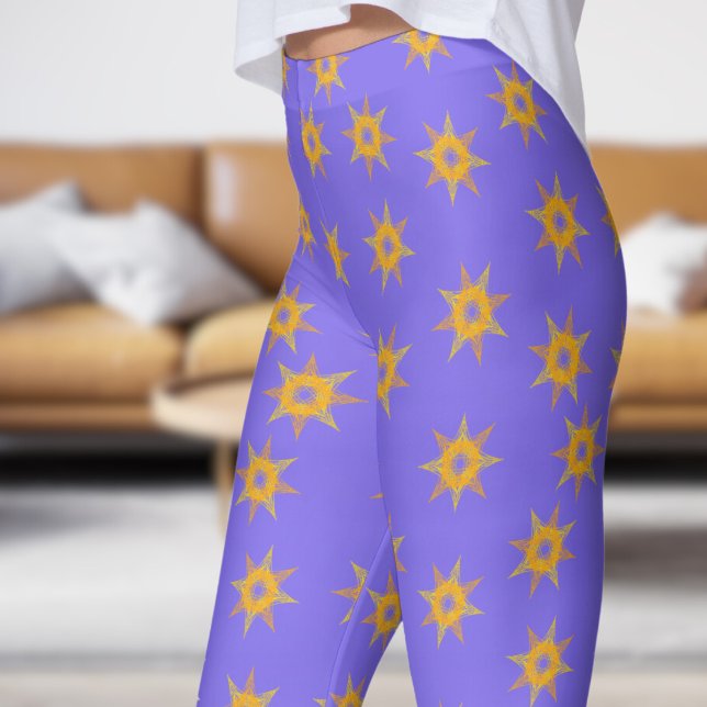 Helles Schiefer Blau und Gold Star Muster Leggings (Star on Slate Blue)