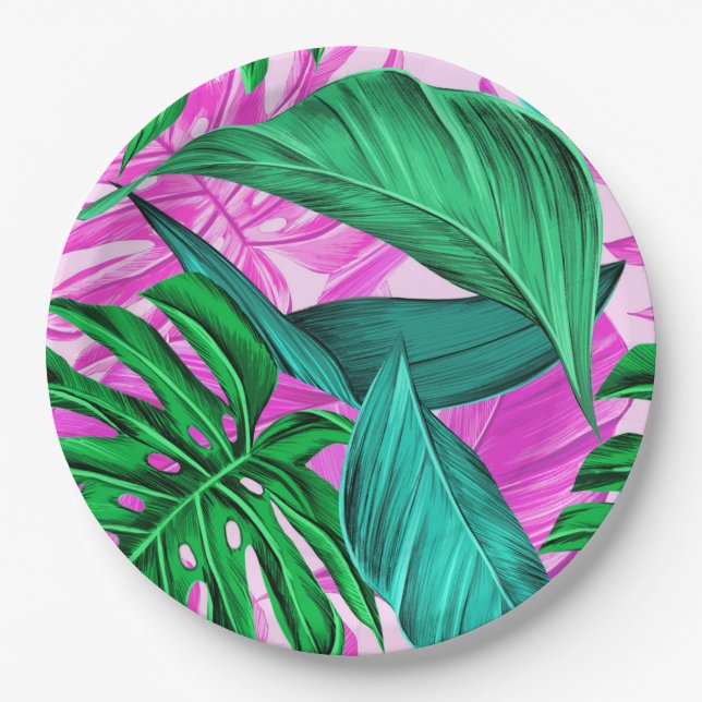 Helles tropisches Rosa und grüne Blätter Pappteller (Vorderseite)