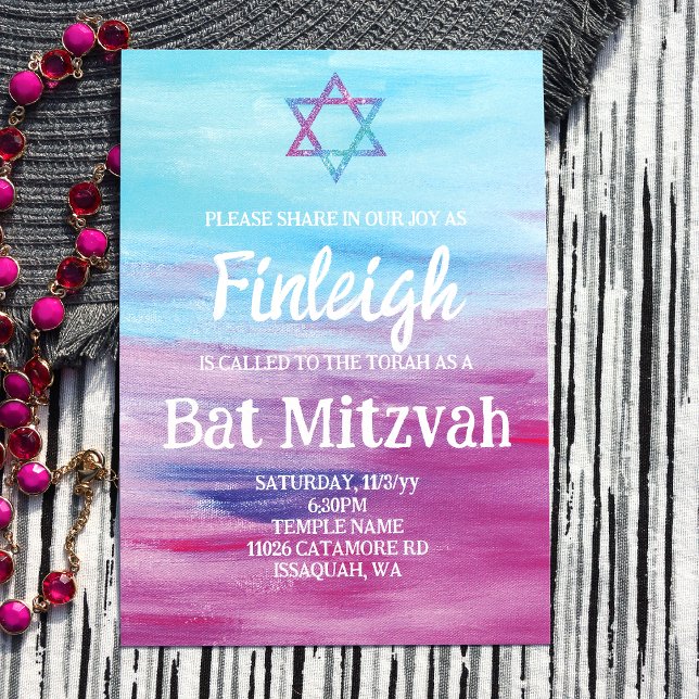 Helles Türkis Hot Pink Glitzer Star Bat Mitzvah Einladung (Abstract Pink, Turquoise, Blue Bat Mitzvah Invitations, White Script Writing, Glitter Star of David)