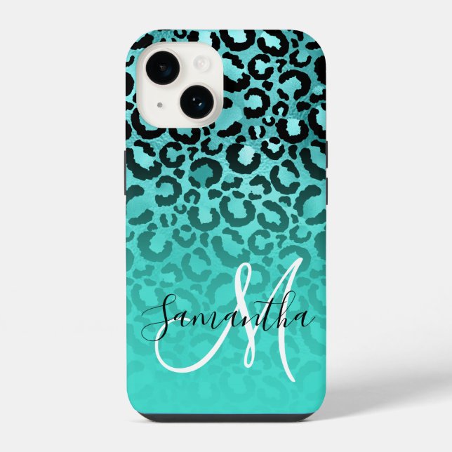 Helles Türkis Leopard Ombre Monogramm iPhone Hülle (Rückseite)