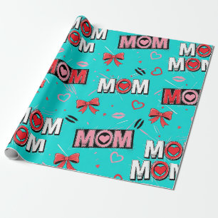 Helles Türkis MOM-Herzen-Schleifen-Pop-Art-Muster Geschenkpapier