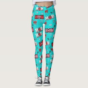 Helles Türkis MOM-Herzen-Schleifen-Pop-Art-Muster Leggings