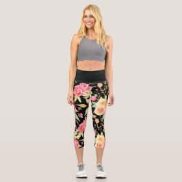 Helles und fröhliches Blume-Muster auf schwarz Capri Leggings