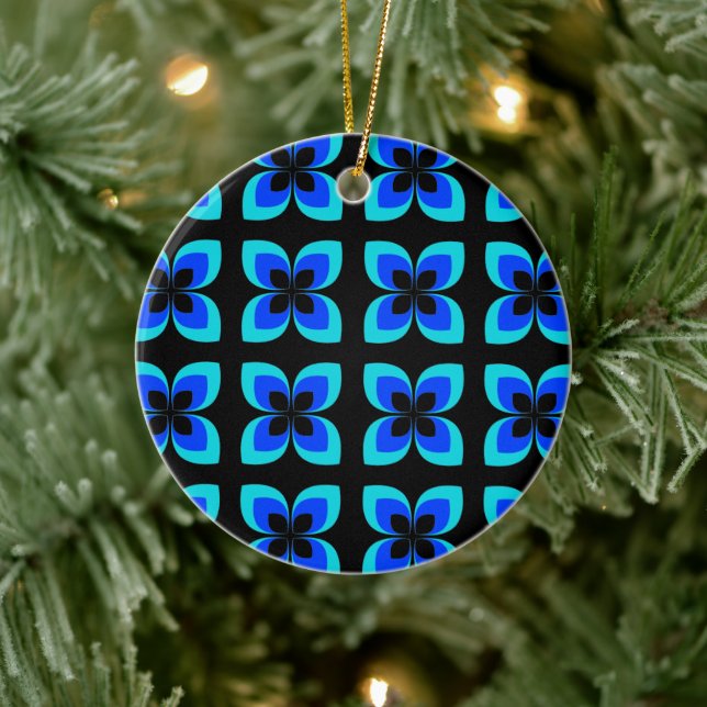 Helles, zweifarbiges, blaues Blume-Muster Keramik Ornament (Baum)