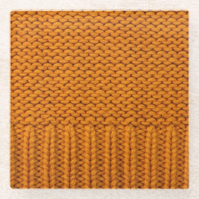 Hellgelb: handgefertigte Stricktextur. Glasuntersetzer (Vorderseite)