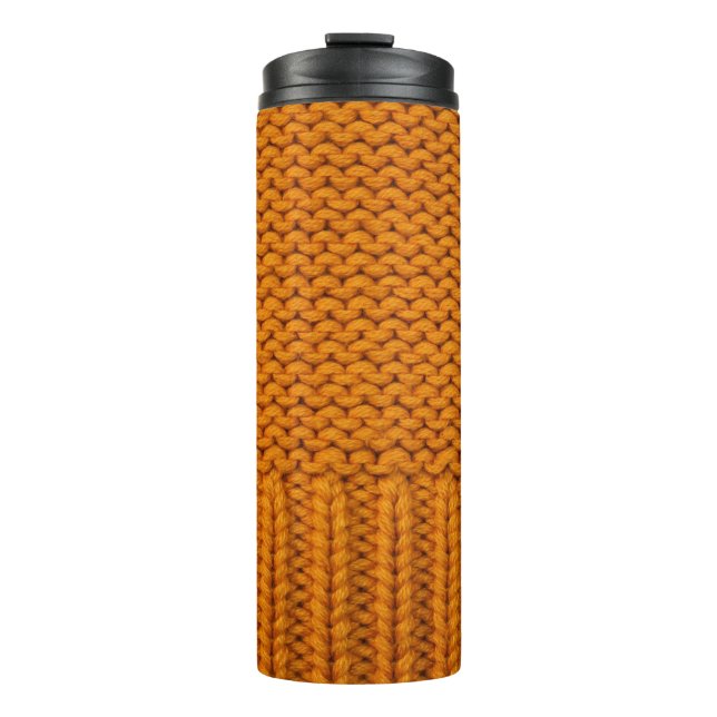 Hellgelb: handgefertigte Stricktextur. Thermosbecher (Vorderseite)