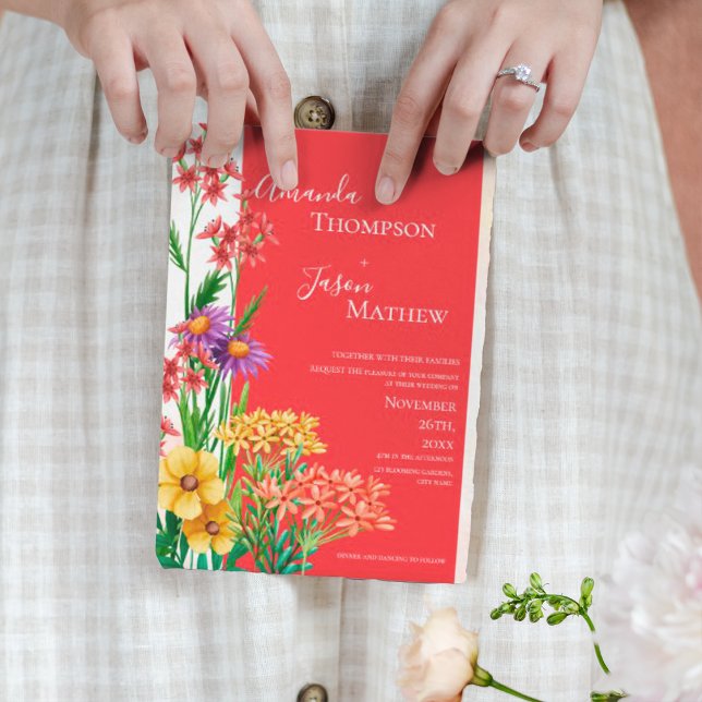 Hellgelb-orange Lila Wildblumen Hochzeit Magneteinladung (Bright Yellow Orange Purple Wildflowers Wedding Magnetic Invitation)