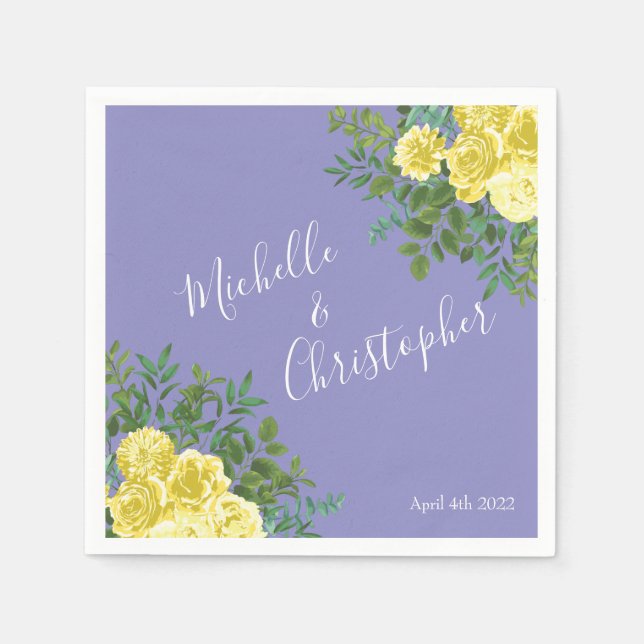 Hellgelb & Periwinkle Blaue Rose Blumenzehen Serviette (Vorderseite)