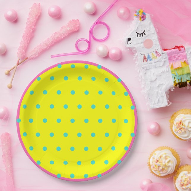 Hellgelb rosa blaue Polka-Punkte Pappteller (Party)